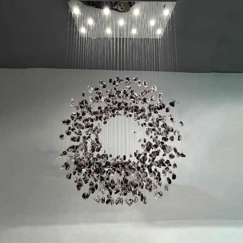 Steel & Artisan Stone-Glass Chandelier | Irregular Handcrafted Glass & Minimalist Ring Light