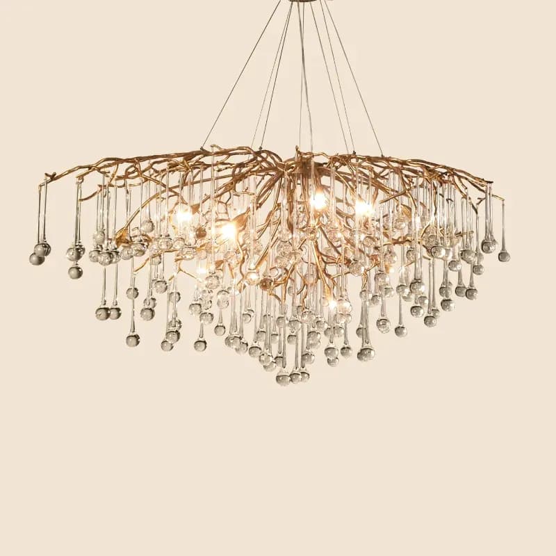Branching Brass & Teardrop Glass Chandelier | Organic Tree-Form Suspension
