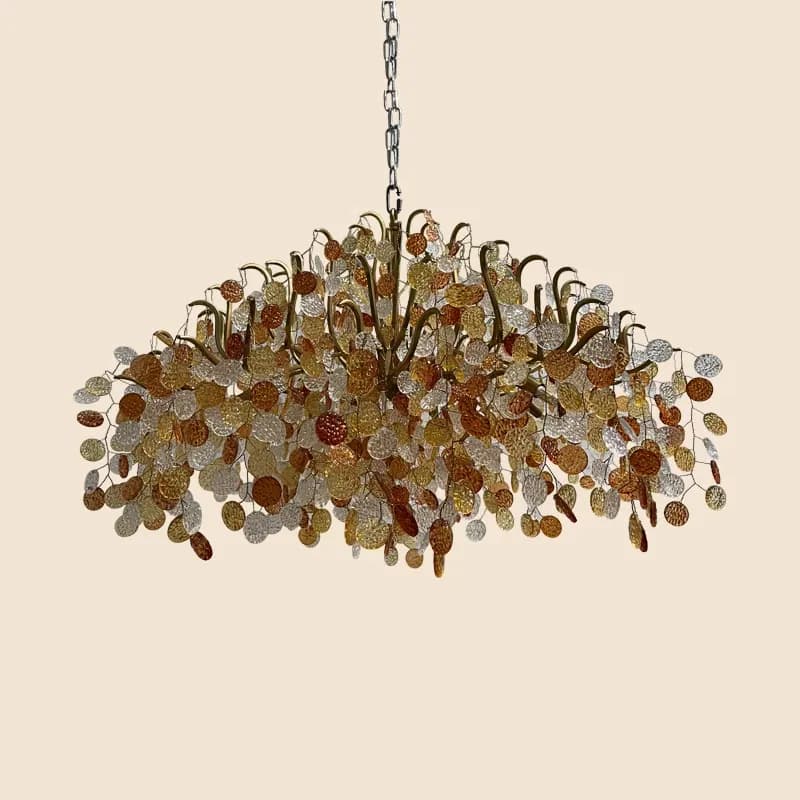 Brass Branch & Autumn Glass Disc Chandelier | Organic Form with Three-Tone Artisan Glass Light